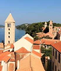 curch and roofs in old town Rab, island Rab, Croatia