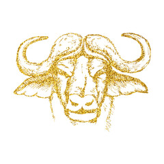Bull golden glitter head portrait on white background