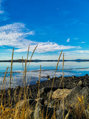 The White Sea coast on a sunny day. The sun's rays. Karelia. 2021. Russia.
