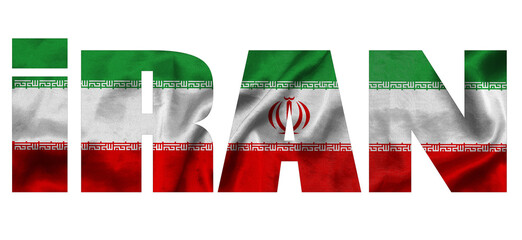 Inscription Iran in the colors of the waving flag of Iran. Country name on isolated background. image - 3D illustration.