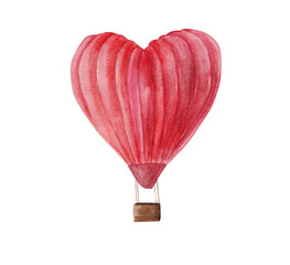 Red heart shape hot air balloon watercolor illustration isolated