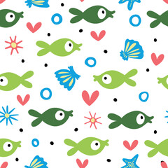 Seamless pattern with cute cartoon underwater inhabitants.