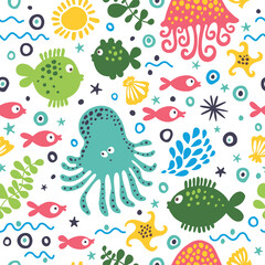Seamless pattern with cute cartoon underwater inhabitants.