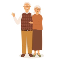 Happy senior couple standing together and smiling. Modern pensioners, stylish look. Colored flat vector illustration