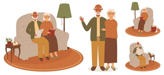 Happy modern multinational senior couple of black-skinned man and white-skinned woman set. Old people reading and happy together. Vector illustration
