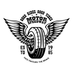 Motor speedway.Tshirt print template with winged wheel. Vector illustration