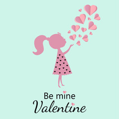 Cute vector illustration, baby girl, papercut hearts, be mine valentine postcard, St. Valentine's day