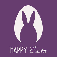 Easter card with holiday symbols. Vector illustration depicting an egg and a rabbit. A picture in purple and white with the inscription happy easter