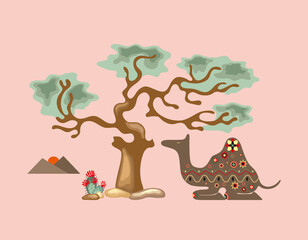 Cartoon camel in oriental style on a light peach background with desert bush and cactus
