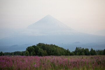 The active Kamchatka Volcano Klyuchevskaya Sopka at dawn