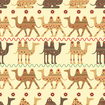 Seamless pattern with stylized camels and small decorative elements on a light background