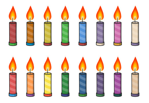 Set of cartoon style birthday or party candles. Vector illustration clip art isolated on white background.
