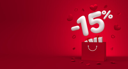 Happy Valentine's Day. Discount -15%. Hearts fly out of the package. 3D rendering. 