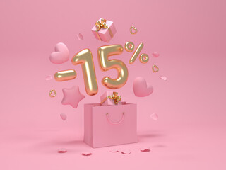 Happy Valentine's Day. Discount -15%. Hearts and stars fly out of the package. 3D rendering. 