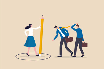 Personal space, privacy or work boundary to limit access and protect from people, introvert or safe zone concept, businesswoman using pencil to draw personal space circle to protect from coworkers. - obrazy, fototapety, plakaty