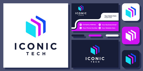 3d Technology Hexagon Arrow Folder Storage Abstract Colorful Vector Logo Design with Business Card