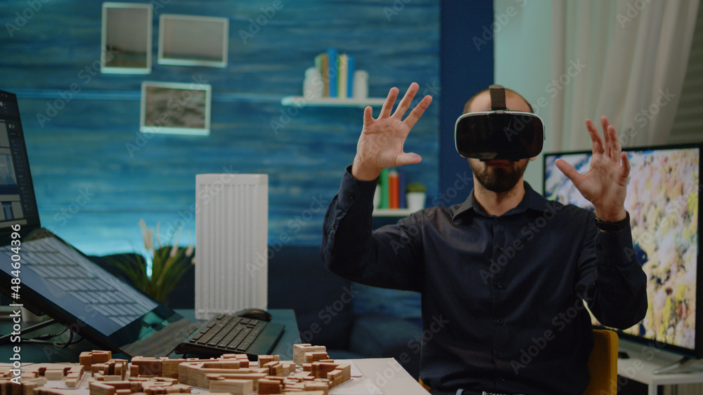 Poster modern architect using vr glasses for building model and construction layout with virtual reality. m