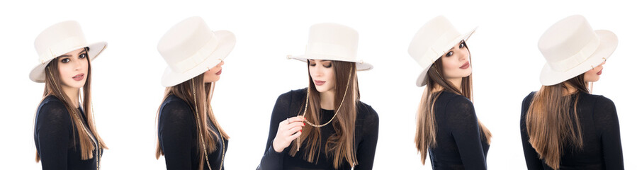 Girl in elegant felt headdress on a white background - 484604361
