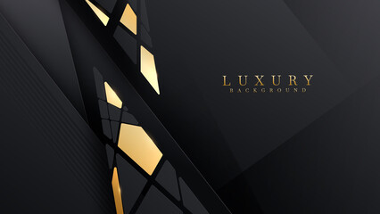 Black luxury background with golden polygon elements and glitter light effect decoration.