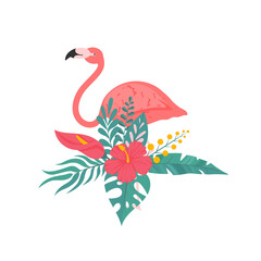 Flamingo bird with exotic tropical leaves and flowers. Summer vector illustration in flat style.