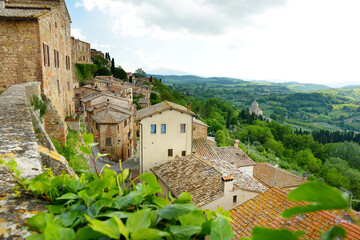 Fototapeta na wymiar Green hills and pastures of Tuscany and rooftops of Montepulciano town, located on top of a limestone ridge surrounded by vineyards. Tuscany, Italy.