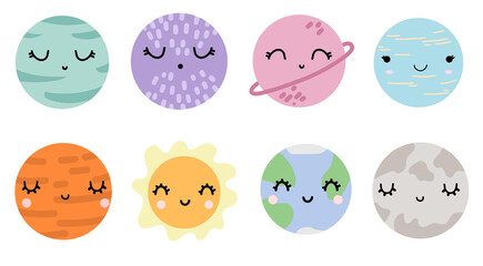 Cute adorable nursery vector planet set with adorable emotion faces. Smiling multicolored galaxy.
