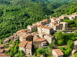 Fototapeta na wymiar Aerial view of beautiful Raggiolo village, located on the eastern slopes of Pratomagno, surrounded by chestnut forests.