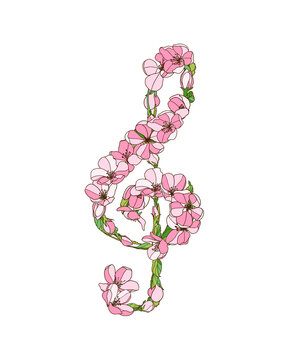 Treble clef of apple tree flowers. Romantic music symbol.