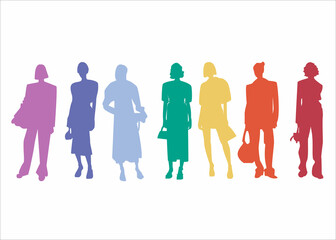 Vector silhouettes of women, women stand in different poses. Multicolored silhouettes on a white background.