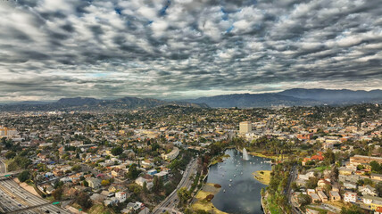 Los Angeles city aerial view on Echo Park of Los Angels. Business centre of the city. California...