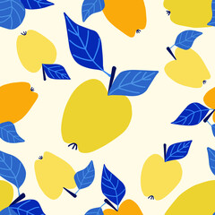 Abstract, seamless pattern with yellow apples and blue leaves. Vector hand-drawn illustration.