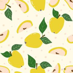 Seamless pattern with yellow apples on a light background. Vector hand-drawn illustration.