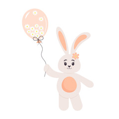 Cute bunny holding a balloon full of chamomiles. Children's character. Easter rabbit. Vector illustration.