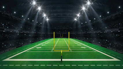 American football stadium with yellow goal post, grass field and fans at playground general view. Digital 3D illustration for sport advertisement. © LeArchitecto