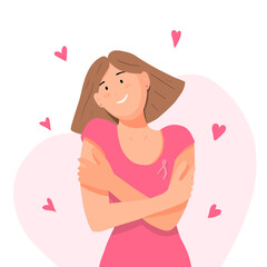 Self love, happy girl hug herself, vector illustration in flat cartoon style. Self-care, body positive. World breast cancer day.