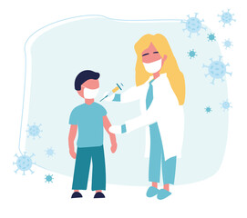 Fototapeta na wymiar Children vaccination concept.COVID.A pediatrician gives an injection of a flu vaccine to a child in a hospital. Health and immunity of the child. Health care, coronavirus, prevention and immunization.