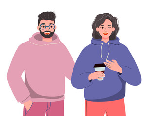 A man and a woman are talking together. People communicate. Positive communication of  friends. Cartoon flat vector illustration isolated on white background.