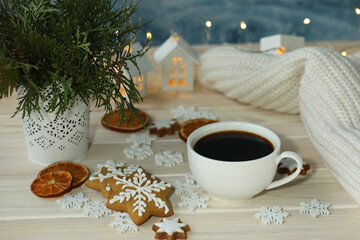 Obraz na płótnie Canvas cup of coffee and christmas cookies
