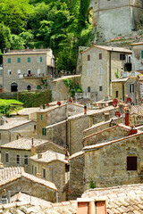 Rooftops of Sorano, an ancient medieval hill town hanging from a tuff stone over the Lente River.