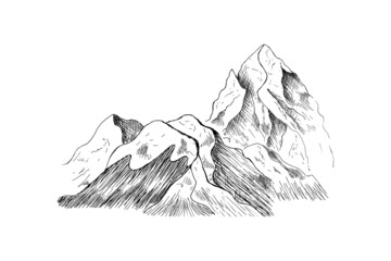 Hand drawn mountain landscape.
Peaks, rocks and hills in the snow. Ski resort.