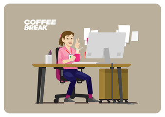 young working girl take a break drinking coffee on her desk after finish task