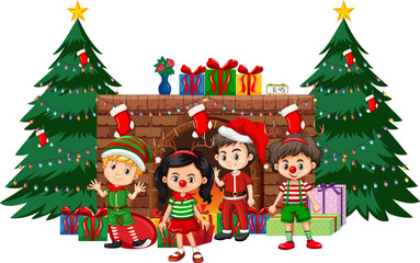 Happy children celebrating Christmas on white background