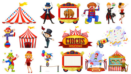 Naklejka premium Set of circus characters and amusement park elements