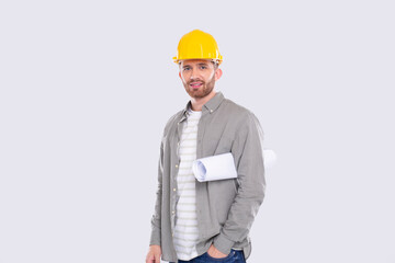 Construction Worker Holding House Plan in Hands. Architect Holding Blueprints. Yellow Hard Helmet. Worker