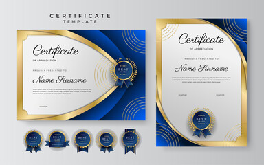 Certificate of appreciation template, gold and blue color. Clean modern certificate with gold badge. Certificate border template with luxury and modern line pattern. Diploma vector template
