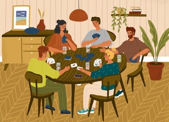 Group of friends playing cards. Table games concept vector posters set. People playing board game at home. Leisure home activities