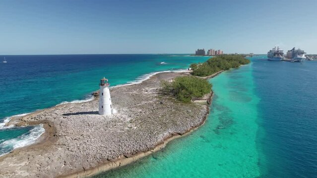 The drone aerial footage of Nassau Harbour Lighthouse in Paradise Island, Nassau, Bahamas.