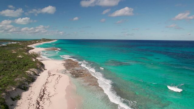 The drone aerial footage of Stocking island beach, Great Exuma, Bahamas.