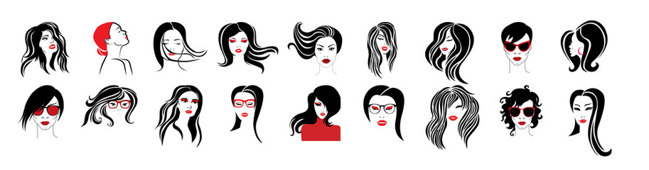 Bundle - 18 vector illustration woman with beautiful hair. Vector illustration. Beauty salon logo