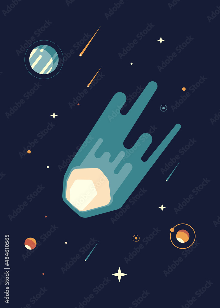 Wall mural poster with comet in outer space. placard design in flat style.